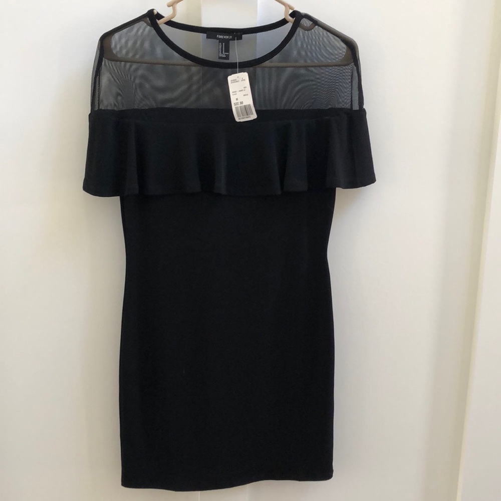 Forever 21 Little Black Dress with Ruffled and Netting Neckline Size Medium
